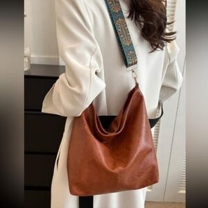 Brown Faux Leather Shoulder Bag with Patterned Strap